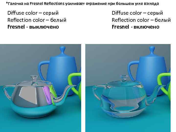 *Галочка на Fresnel Reflections усиливает отражение при большем угле взгляда Diffuse color – серый