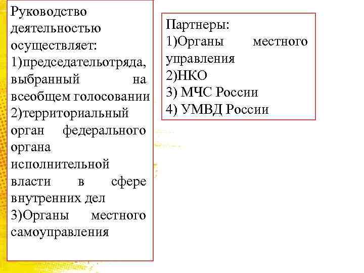 Руководство деятельностью осуществляет: 1)председательотряда, выбранный на всеобщем голосовании 2)территориальный орган федерального органа исполнительной власти