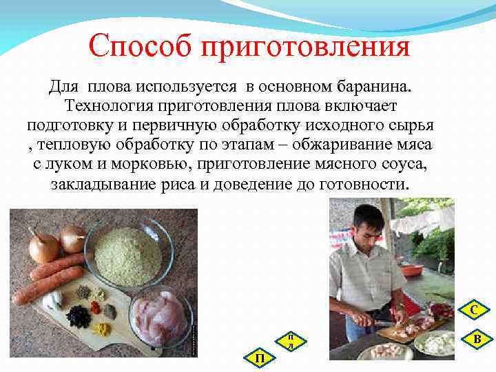 Способ приготовления Для плова используется в основном баранина. Технология приготовления плова включает подготовку и