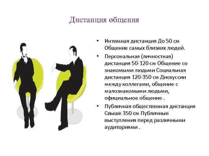 Дистанция общения • Интимная дистанция До 50 см Общение самых близких людей. • Персональная