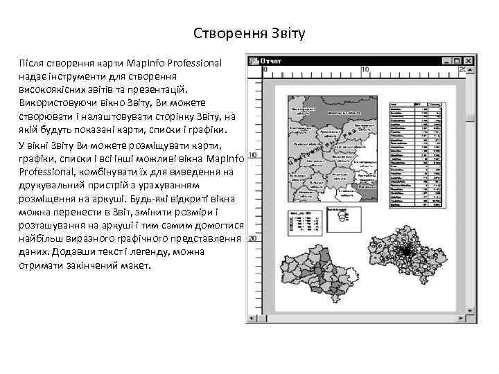 Створення Звіту Після створення карти Map. Info Professional надає інструменти для створення високоякісних звітів