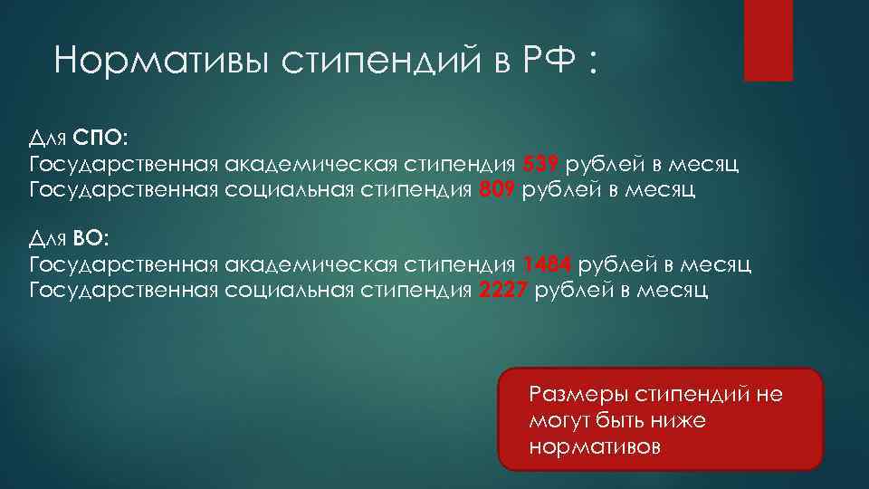 Нормативы стипендий в РФ : Для СПО: Государственная академическая стипендия 539 рублей в месяц