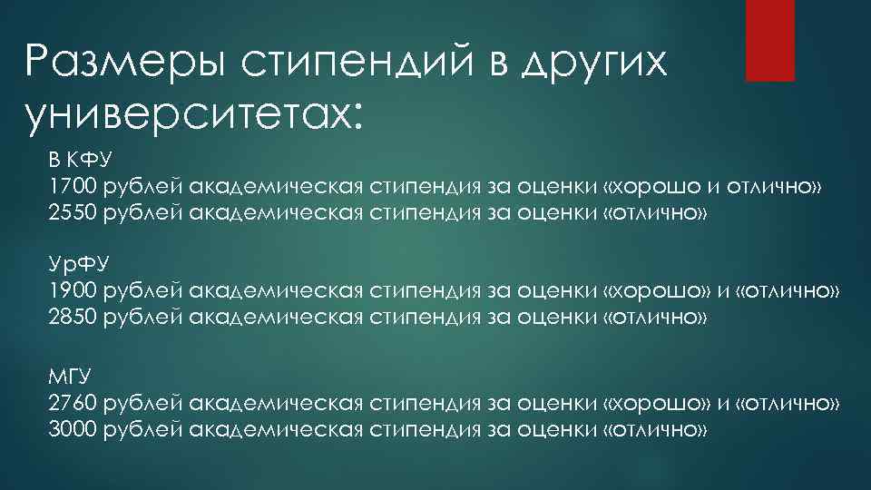 Размеры стипендий в других университетах: В КФУ 1700 рублей академическая стипендия за оценки «хорошо