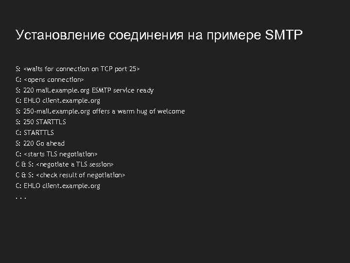 Установление соединения на примере SMTP S: <waits for connection on TCP port 25> C: