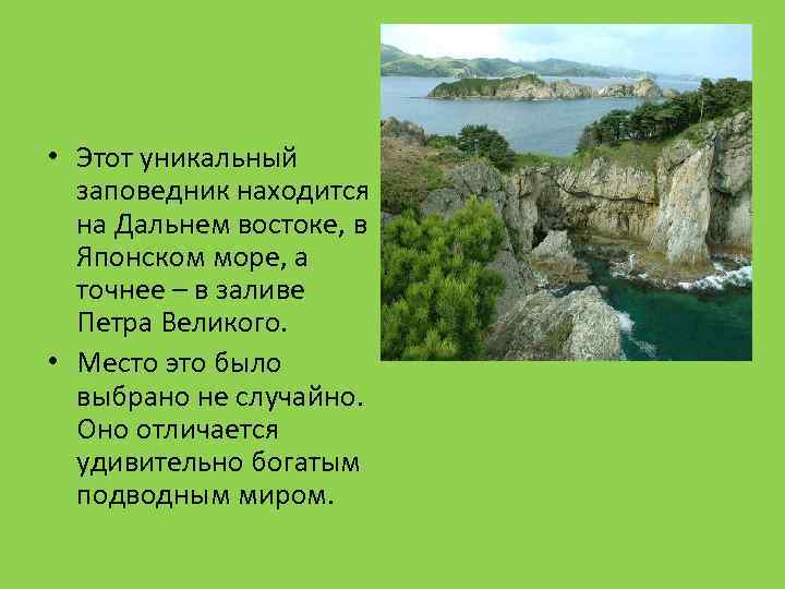  • Этот уникальный заповедник находится на Дальнем востоке, в Японском море, а точнее