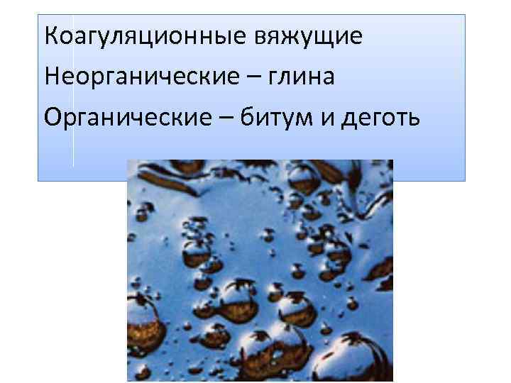 Коагуляционные вяжущие Неорганические – глина Органические – битум и деготь 