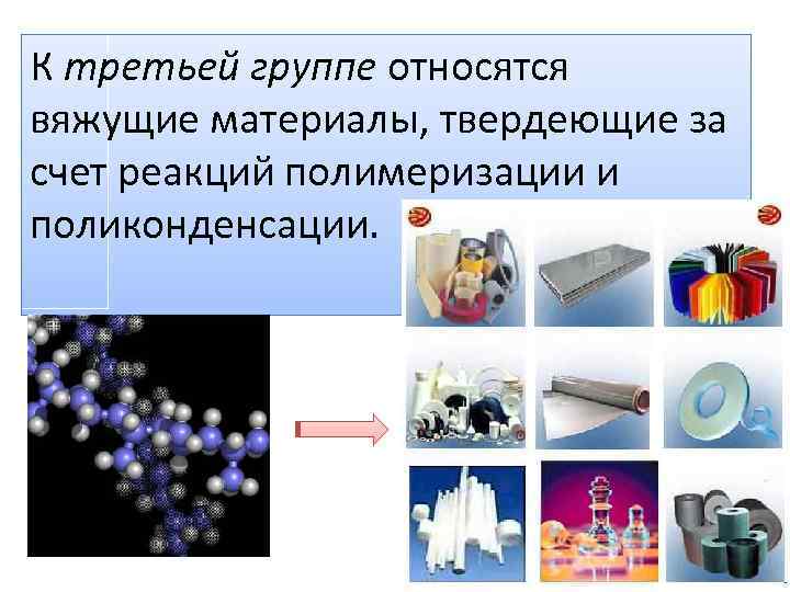 К третьей группе относятся вяжущие материалы, твердеющие за счет реакций полимеризации и поликонденсации. 