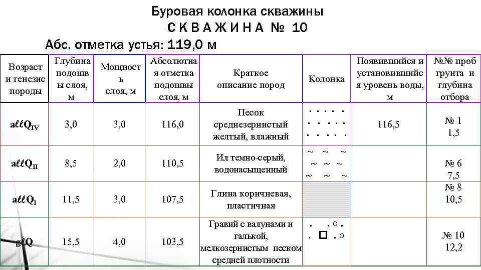 Буровая колонка скважины С К В А Ж И Н А № 10 Абс.