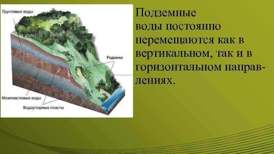 Подземные воды постоянно перемещаются как в вертикальном, так и в горизонтальном направ лениях. 