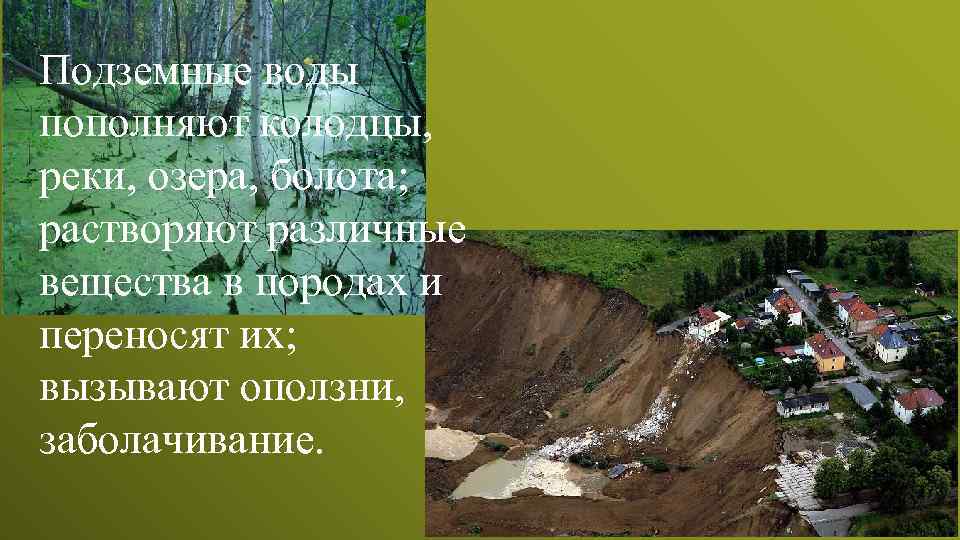 Подземные воды пополняют колодцы, реки, озера, болота; растворяют различные вещества в породах и переносят