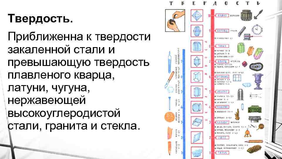 Твердость. Приближенна к твердости закаленной стали и превышающую твердость плавленого кварца, латуни, чугуна, нержавеющей