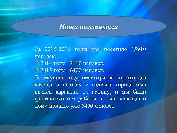 Наши посетители За 2015 -2016 годы нас посетило 15910 человек. В 2014 году -