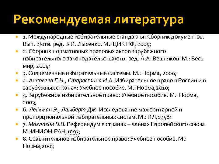 Рекомендуемая литература 1. Международные избирательные стандарты: Сборник документов. Вып. 2/отв. ред. В. И. Лысенко.