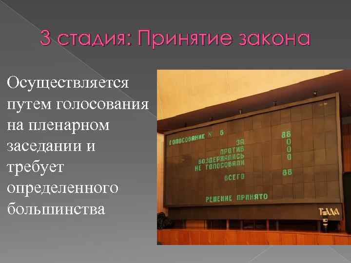 3 стадия: Принятие закона Осуществляется путем голосования на пленарном заседании и требует определенного большинства