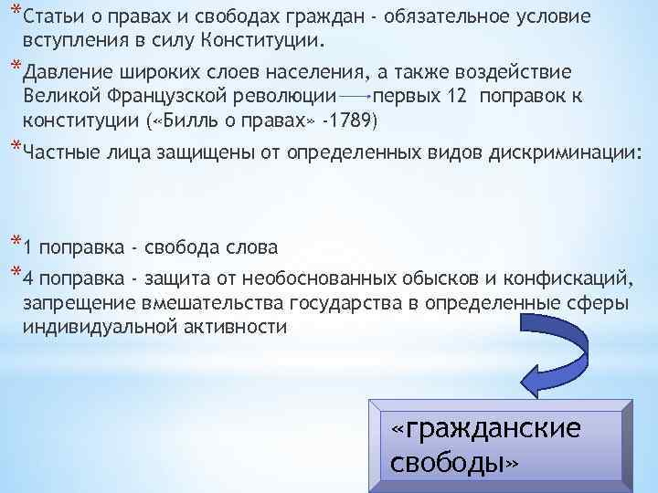 *Статьи о правах и свободах граждан - обязательное условие вступления в силу Конституции. *Давление