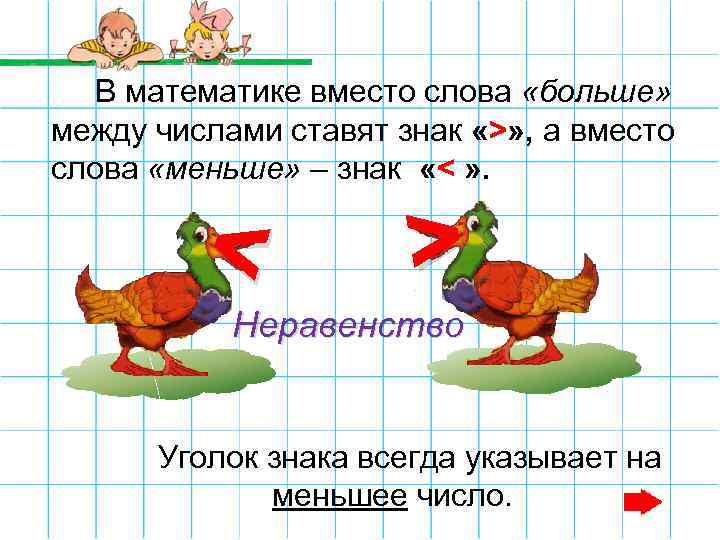 В математике вместо слова «больше» между числами ставят знак «>» , а вместо слова