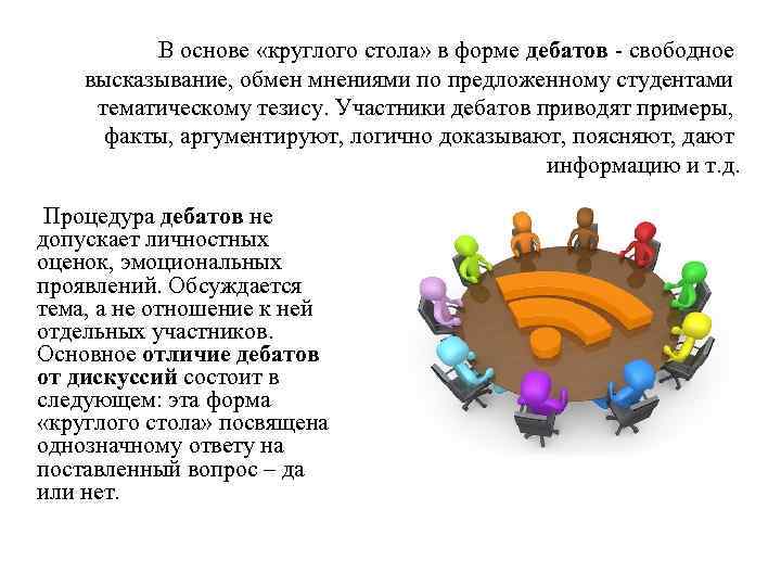 В основе «круглого стола» в форме дебатов - свободное высказывание, обмен мнениями по предложенному