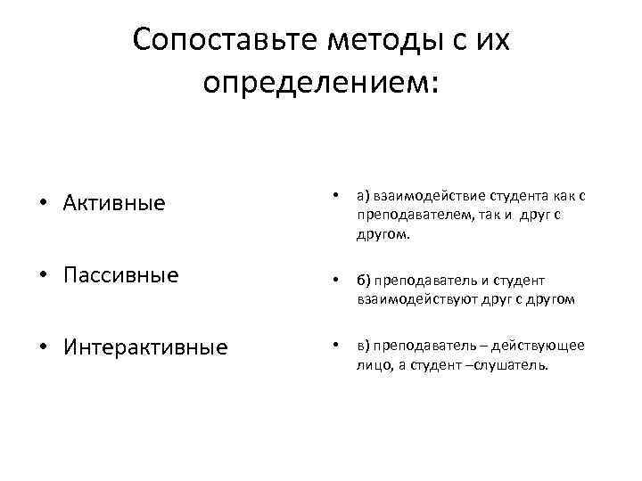 Сопоставьте методы с их определением: • Активные • а) взаимодействие студента как с преподавателем,
