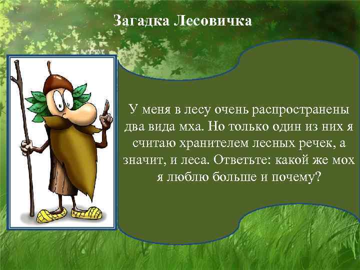 Загадка Лесовичка У меня в лесу очень распространены два вида мха. Но только один