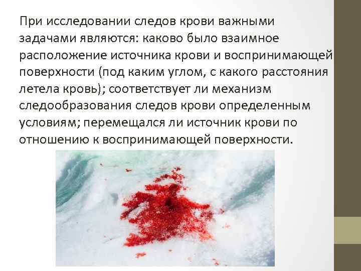 При исследовании следов крови важными задачами являются: каково было взаимное расположение источника крови и