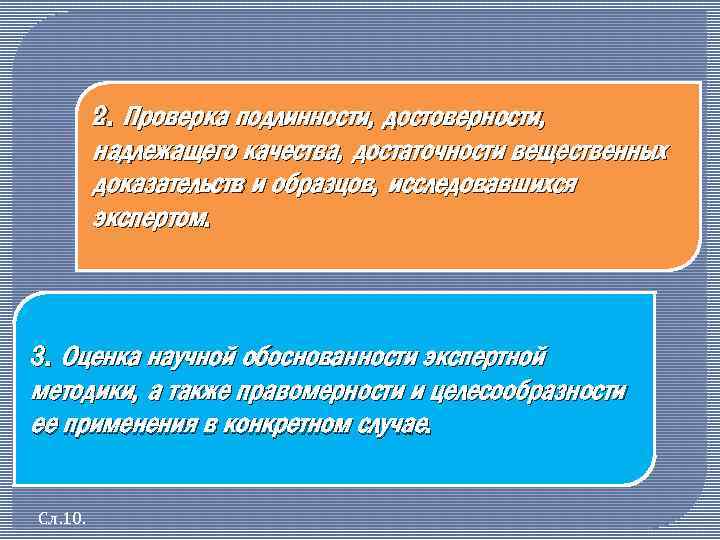 2. Проверка подлинности, достоверности, надлежащего качества, достаточности вещественных доказательств и образцов, исследовавшихся экспертом. 3.