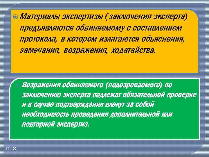  Материалы экспертизы (заключения эксперта) предъявляются обвиняемому с составлением протокола, в котором излагаются объяснения,