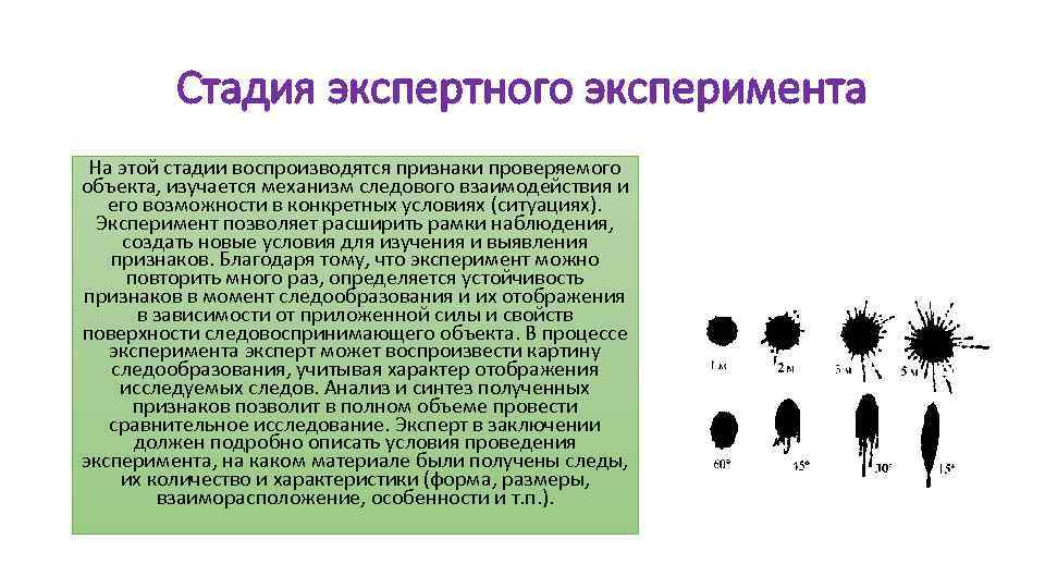 Стадия экспертного эксперимента На этой стадии воспроизводятся признаки проверяемого объекта, изучается механизм следового взаимодействия