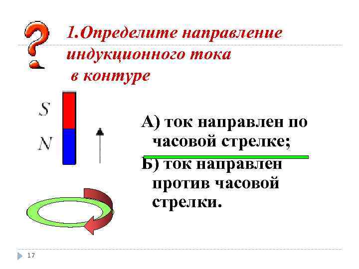 1. Определите направление индукционного тока в контуре А) ток направлен по часовой стрелке; Б)