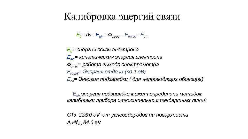 Калибровка энергий связи Eb= hν - Ekin - spec – Erecoil - Ech Eb=