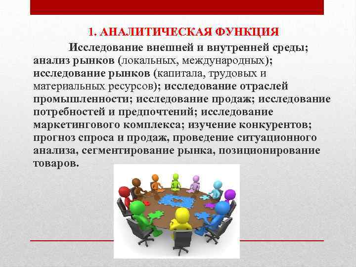 1. АНАЛИТИЧЕСКАЯ ФУНКЦИЯ Исследование внешней и внутренней среды; анализ рынков (локальных, международных); исследование рынков