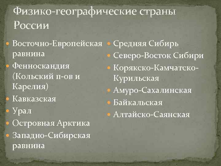 Физико-географические страны России Восточно-Европейская Средняя Сибирь равнина Фенноскандия (Кольский п-ов и Карелия) Кавказская Урал