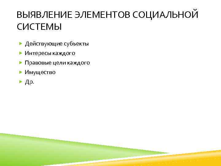 ВЫЯВЛЕНИЕ ЭЛЕМЕНТОВ СОЦИАЛЬНОЙ СИСТЕМЫ Действующие субъекты Интересы каждого Правовые цели каждого Имущество Др. 