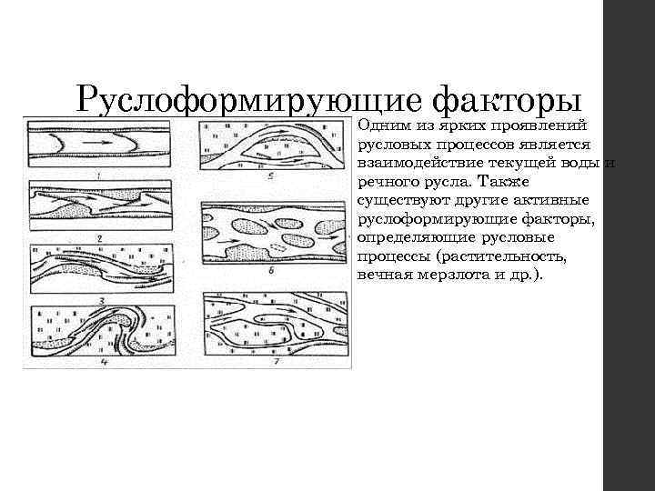 Руслоформирующие факторы • Одним из ярких проявлений русловых процессов является взаимодействие текущей воды и