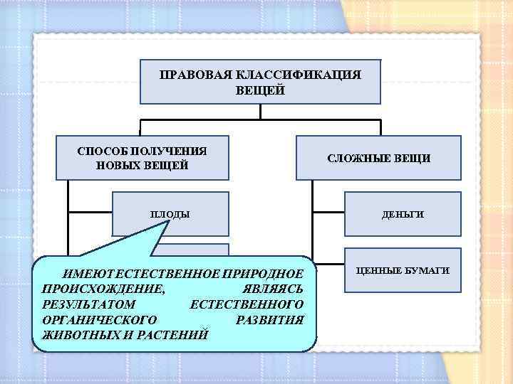 ПРАВОВАЯ КЛАССИФИКАЦИЯ ВЕЩЕЙ СПОСОБ ПОЛУЧЕНИЯ НОВЫХ ВЕЩЕЙ СЛОЖНЫЕ ВЕЩИ ПЛОДЫ ДЕНЬГИ ДОХОДЫ ЦЕННЫЕ БУМАГИ