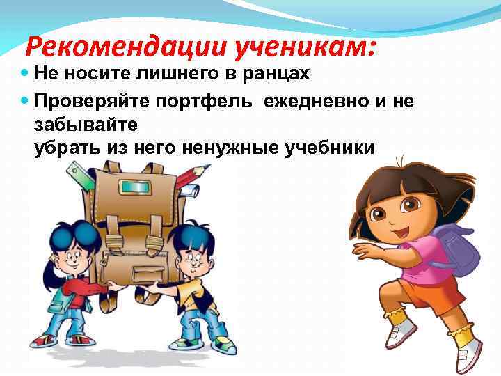 Рекомендации ученикам: Не носите лишнего в ранцах Проверяйте портфель ежедневно и не забывайте убрать