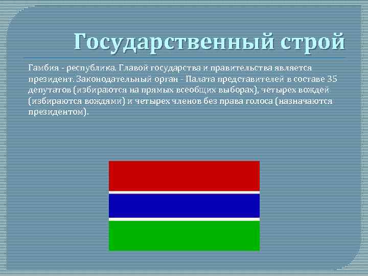 Государственный строй Гамбия - республика. Главой государства и правительства является президент. Законодательный орган -