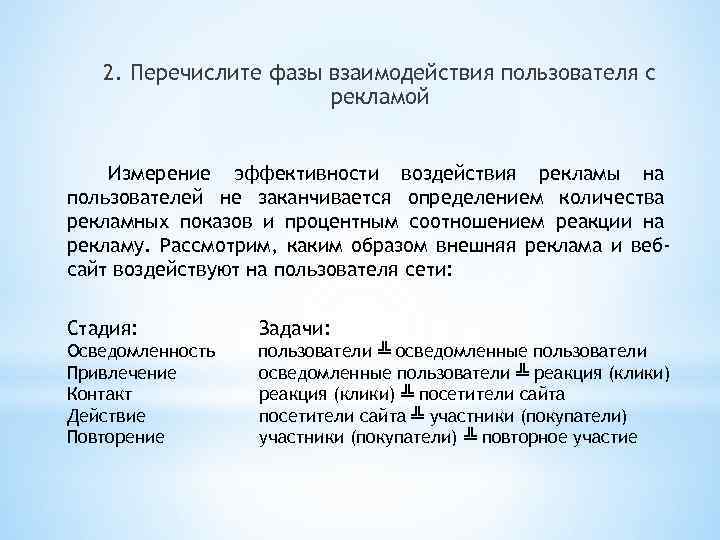 2. Перечислите фазы взаимодействия пользователя с рекламой Измерение эффективности воздействия рекламы на пользователей не