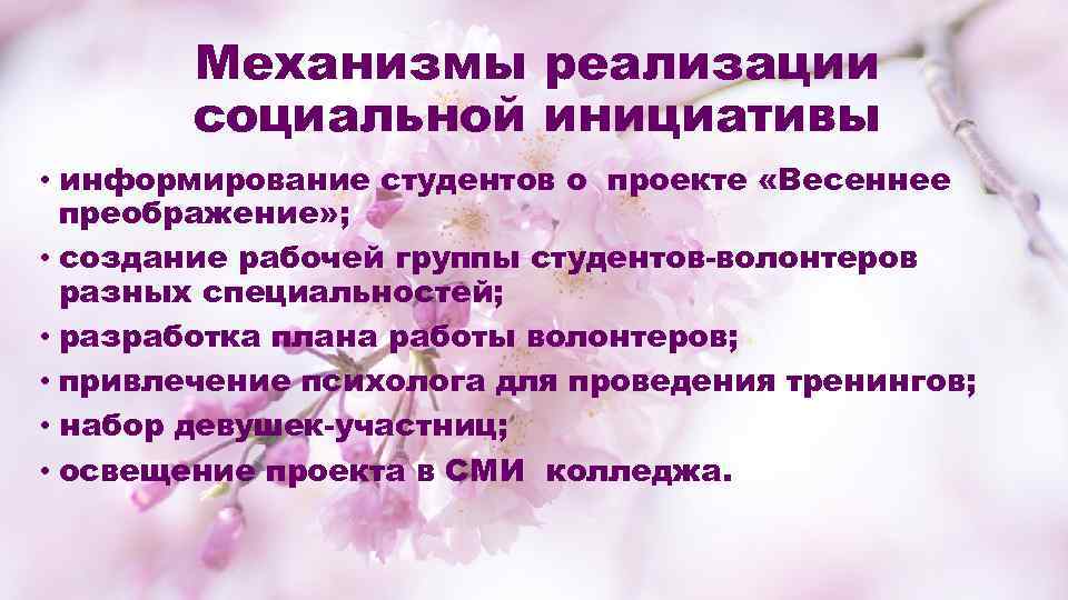 Механизмы реализации социальной инициативы • информирование студентов о проекте «Весеннее преображение» ; • создание