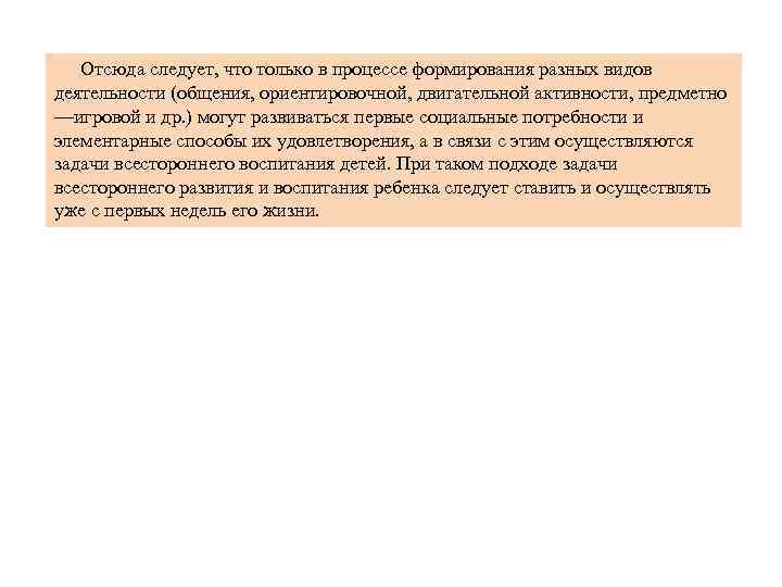  Отсюда следует, что только в процессе формирования разных видов деятельности (общения, ориентировочной, двигательной