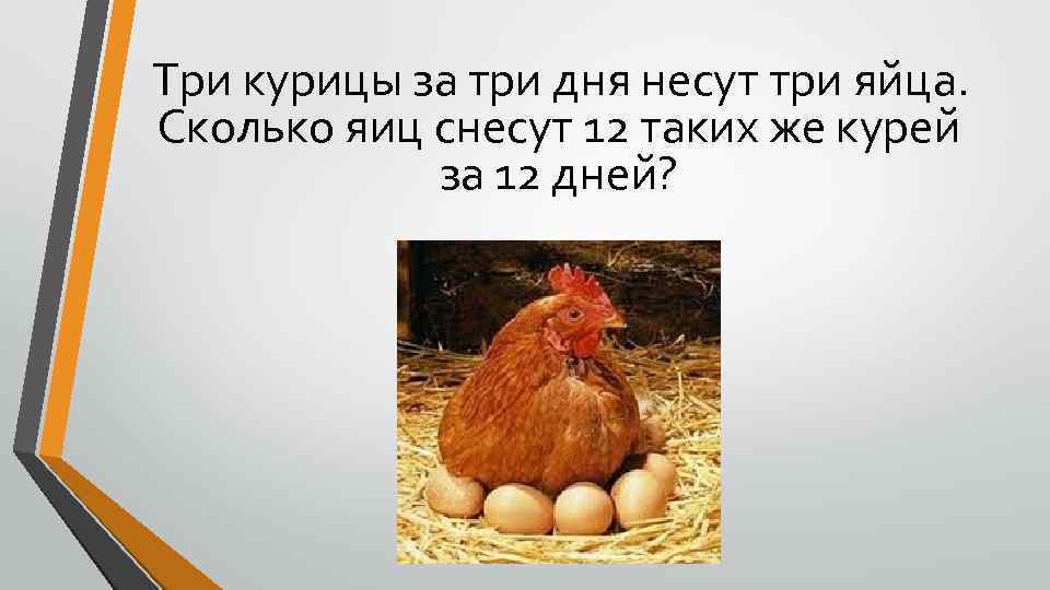  Три курицы за три дня несут три яйца. Сколько яиц снесут 12 таких