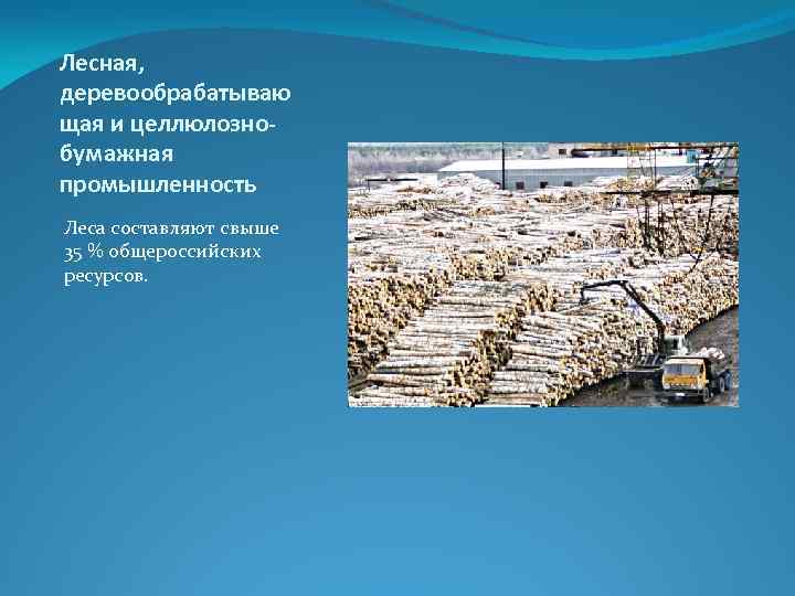 Лесная, деревообрабатываю щая и целлюлознобумажная промышленность Леса составляют свыше 35 % общероссийских ресурсов. 