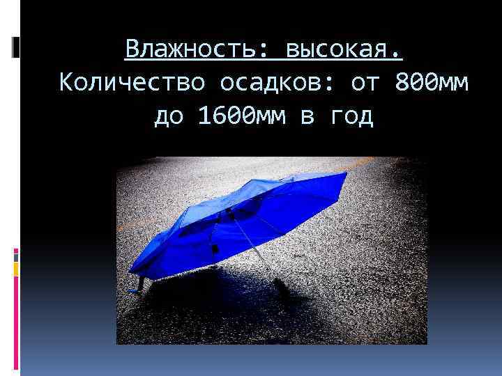 Влажность: высокая. Количество осадков: от 800 мм до 1600 мм в год 