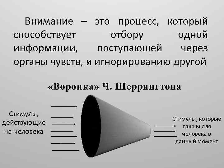 Внимание – это процесс, который способствует отбору одной информации, поступающей через органы чувств, и