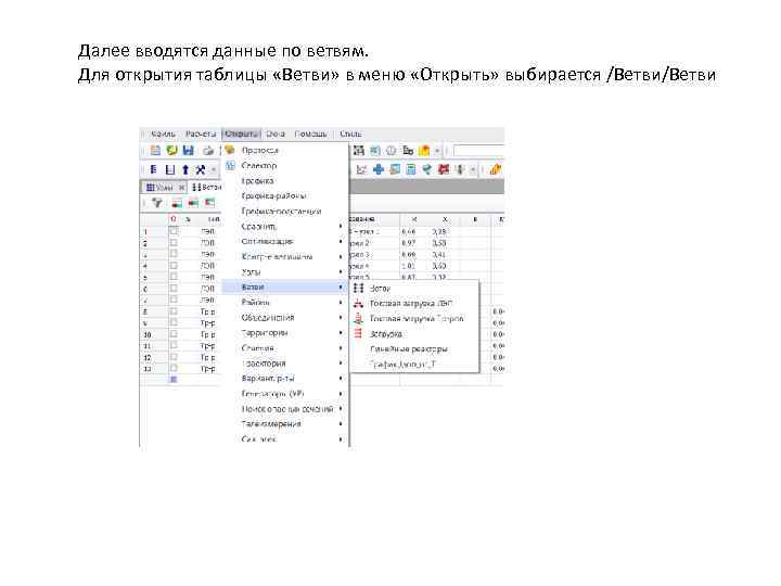 Далее вводятся данные по ветвям. Для открытия таблицы «Ветви» в меню «Открыть» выбирается /Ветви