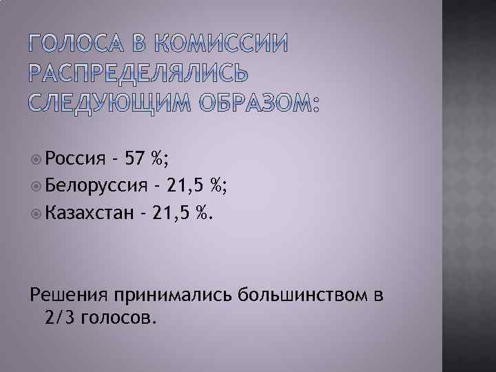  Россия - 57 %; Белоруссия - 21, 5 %; Казахстан - 21, 5