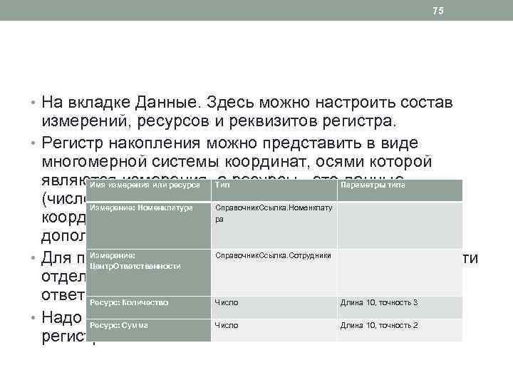 75 • На вкладке Данные. Здесь можно настроить состав измерений, ресурсов и реквизитов регистра.