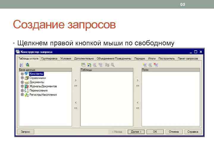95 Создание запросов • Щелкнем правой кнопкой мыши по свободному пространству в поле ввода