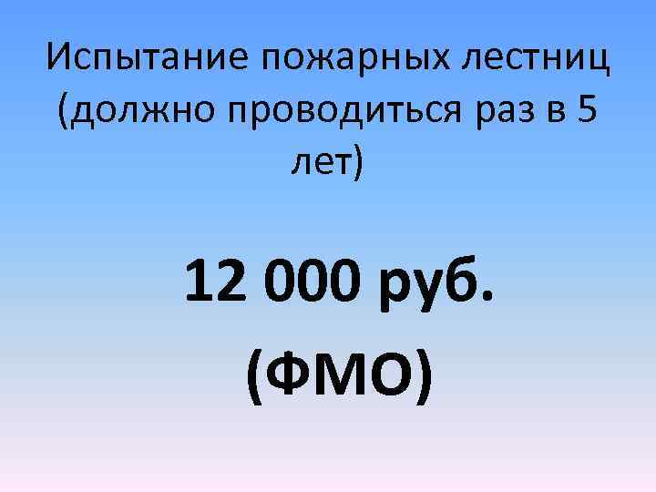 Испытание пожарных лестниц (должно проводиться раз в 5 лет) 12 000 руб. (ФМО) 