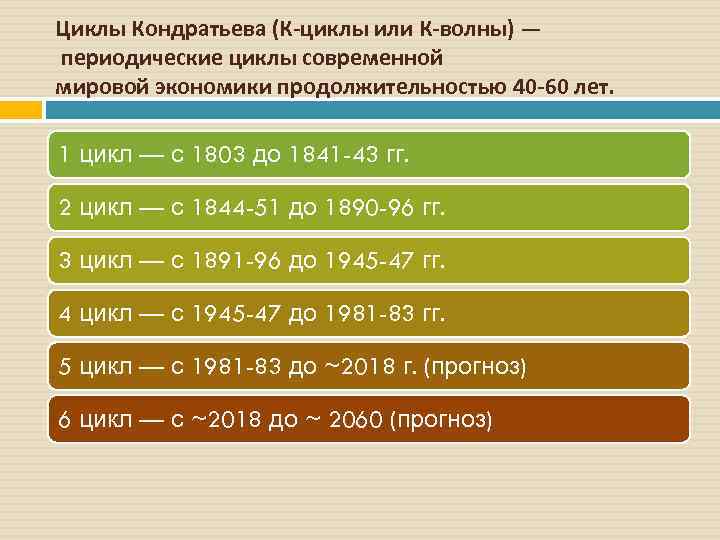 Циклы Кондратьева (К-циклы или К-волны) — периодические циклы современной мировой экономики продолжительностью 40 -60