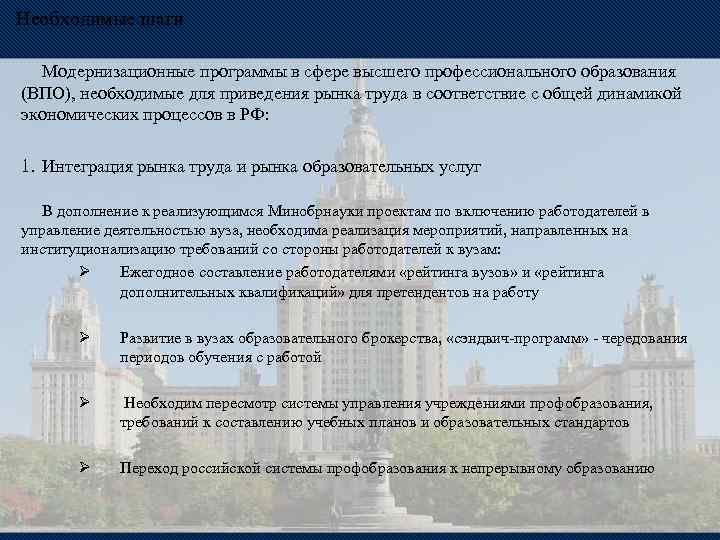 Необходимые шаги Модернизационные программы в сфере высшего профессионального образования (ВПО), необходимые для приведения рынка